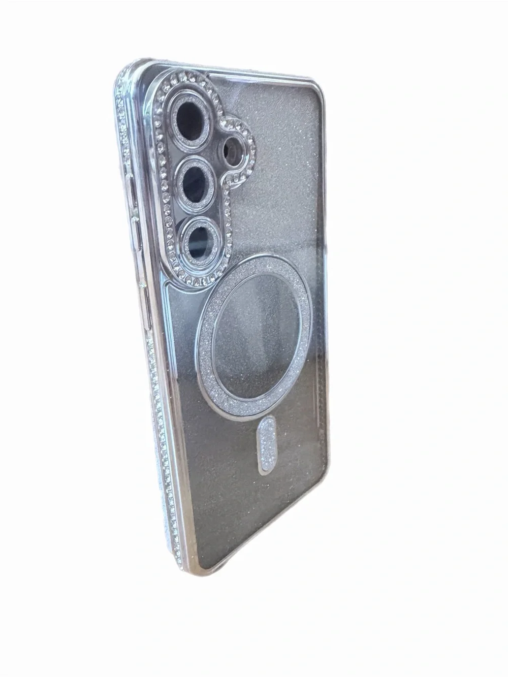 Silver Glitter Magnetic Ring Phone Case Samsung S26 plus Camera Rhinestones.
